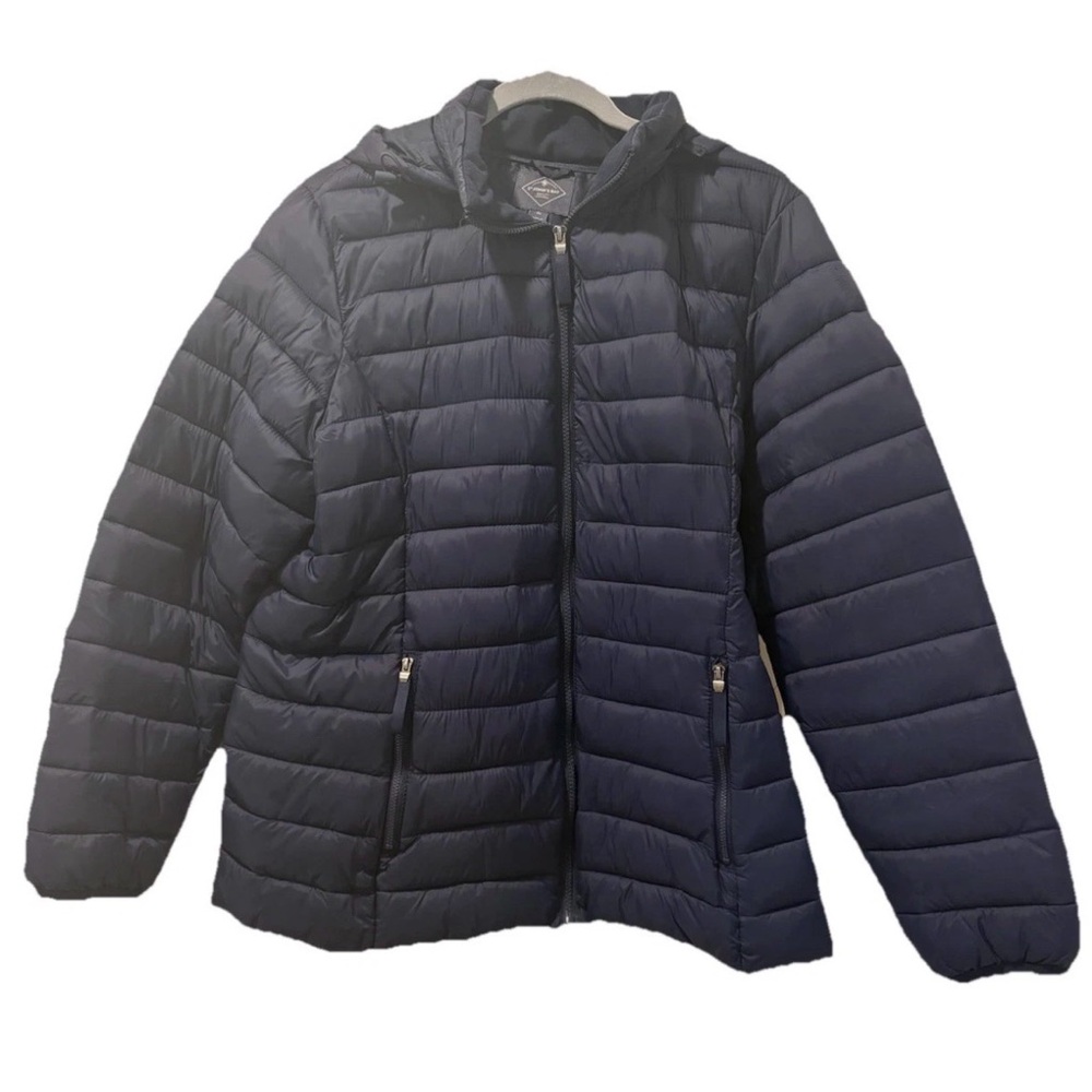 St. John’s Bay Dark Blue Lightweight Puffer Jacket Detachable Hood Size XL